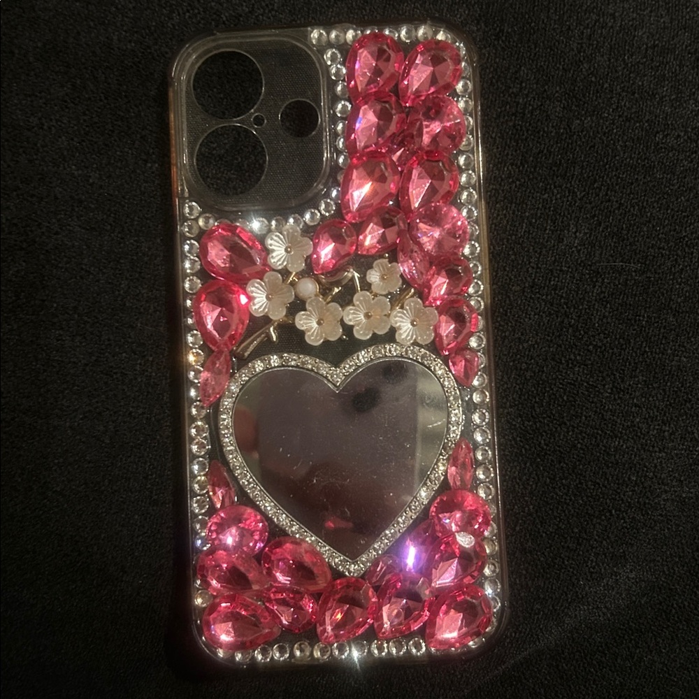 iPhone 16 Heart Mirror Design Pink Phone Case
